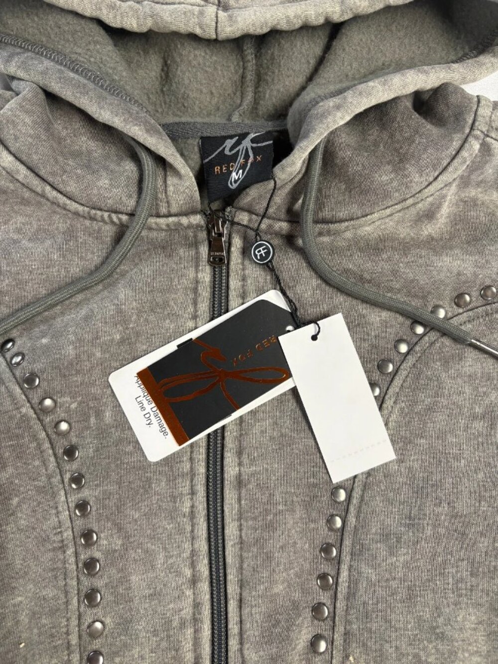NWT Red Fox Womens Studded Cropped Fleece Full-Zip Hoodie Charcoal Wash Size M - Picture 5 of 7